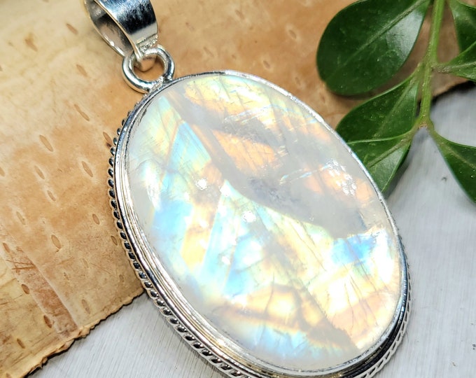Moonstone Pendant, Rainbow Moonstone Sterling Silver Pendant, Premium Grade Moonstone Pendant, Gift for Her, Statement Pendant, FB01