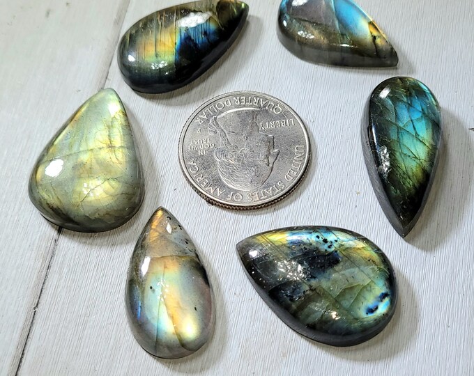Natural Multi Flash Moonstone Pear Cabochons 165ct 6 Stone Lot Wire Wrapping, Weaving, Rings or Pendant CK37 Mixed Sizes Gift for Her or Him