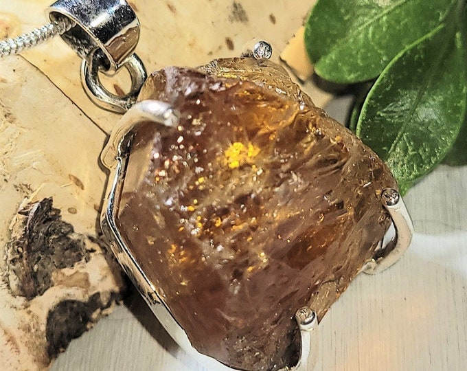 Natural Large Raw Citrine Rough Cut Handcrafted  .925 Sterling Silver Pendant 1 1/2" X 7/8" AN15 10 grams