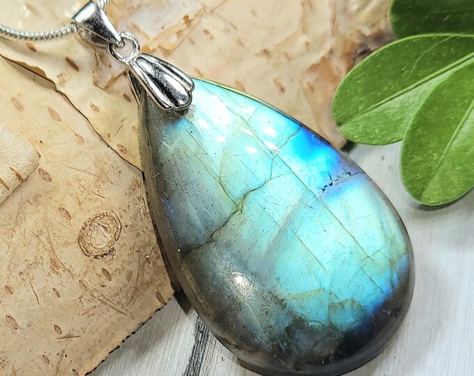 Natural Top Grade Full Flash Labradorite Cabochon .925 Sterling Silver Pendant 1 3/4" x 7/8" AD20 Solid Sterling Silver Rhodium Plated Bail
