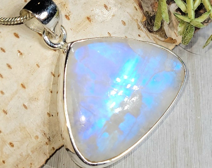 Moonstone Pendant, Rainbow Moonstone Pear Cabochon Sterling Silver Pendant, Blue Flash Moonstone, Gift for Her, Handmade Pendant, GS26