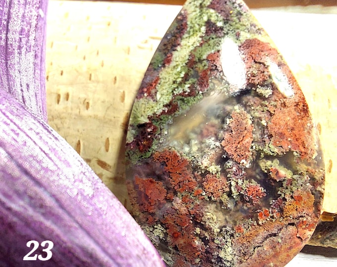 Scenic Moss Agate Cabochon: Green & Brown Pear-Shaped Gemstone (25mm x 45mm)