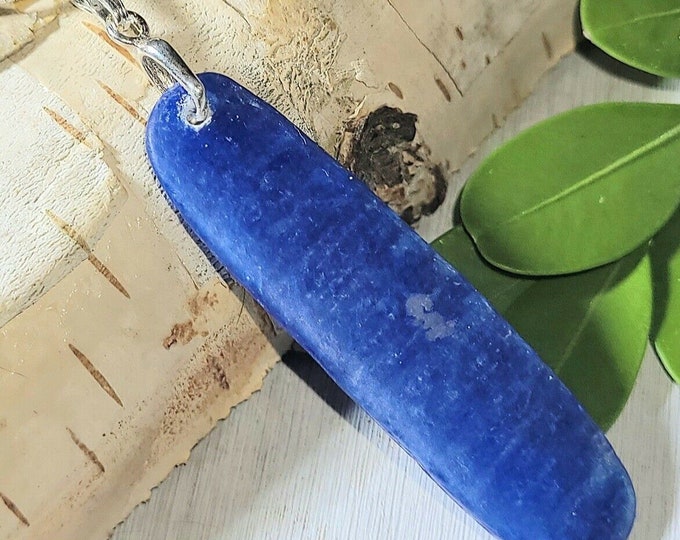 Natural Kyanite Oval Cabochon .925 Sterling Silver Pendant 2 1/8" x 7/16" EP22 Sterling Silver Custom Bail