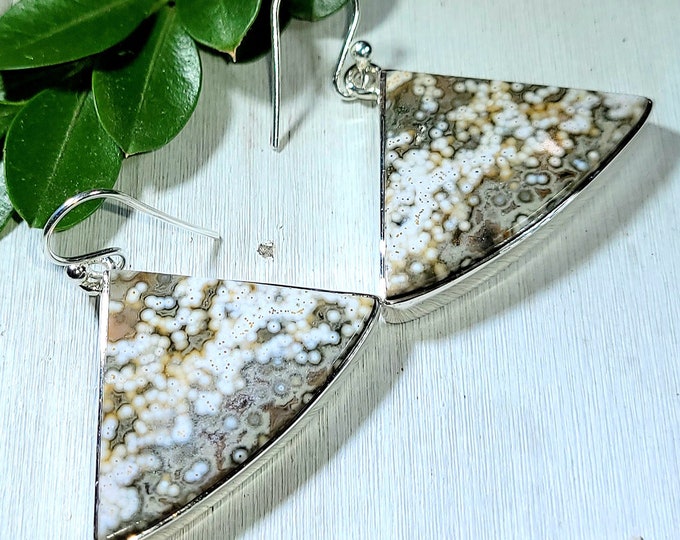 Natural Top Grade Ocean Jasper Handmade .925 Sterling Silver Earrings 12 Grams 1 3/8" x 1 1/4" AP18