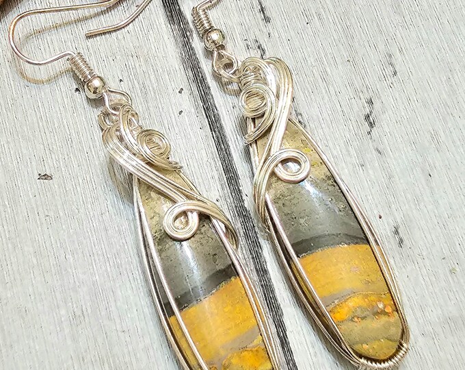 Natural Premium Grade Bumble Bee Jasper Oval Handmade .925 Wire Wrapped Sterling Silver Earrings FS40, Gift for Her, Hand Wire Wrapped