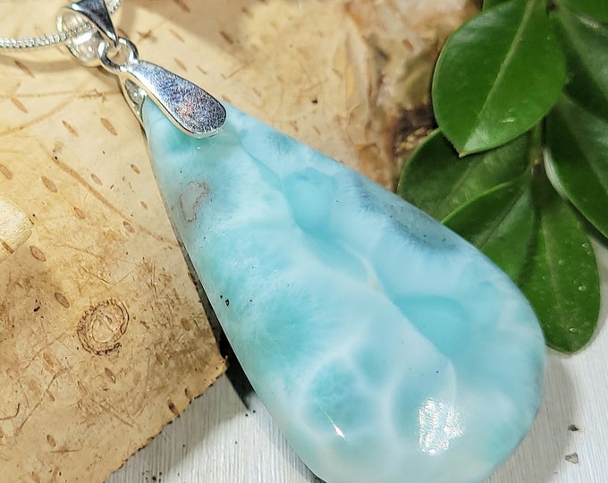 Natural High Grade Dominican Larimar Cabochon .925 Sterling Silver Pendant 2 1/8" x 1" 12 Grams AP03 Heavy Duty Sterling Silver Bail