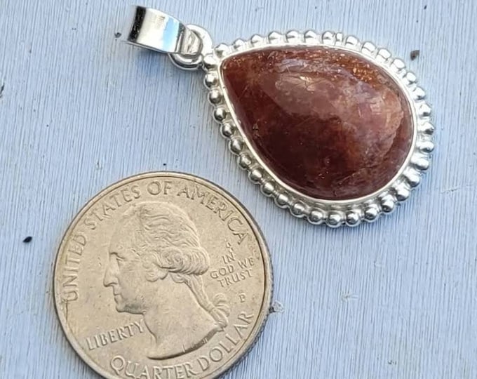 Orange Sunstone Pear Pendant: .925 Sterling Silver, Handmade