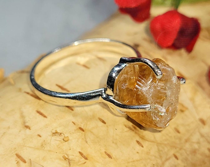 Natural Golden Orange Raw Rough Cut Citrine Handmade .925 Sterling Silver Ring Size 7 4 Grams 7/16" x 3/8" DC28