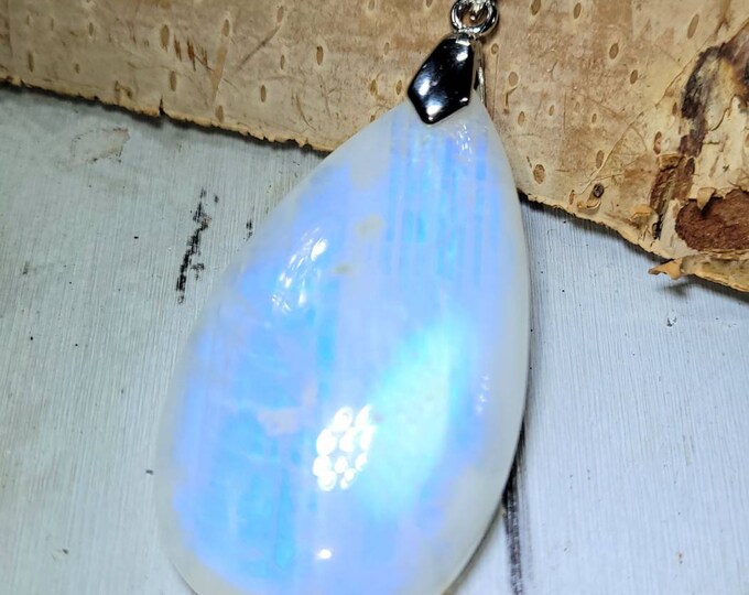 Moonstone Pendant, Rainbow Moonstone Pear Cabochon Sterling Silver Pendant, Multi Color Flash, Gift for Her, Handmade Pendant, DR05