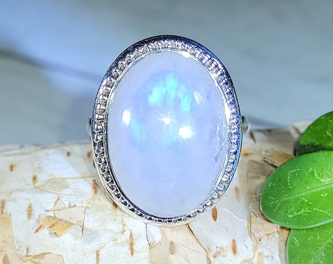 Natural Top Grade Oval Blue Flash Moonstone .925 Sterling Silver Ring Size 6.5 7 Grams 7/8" x 5/8" EX43