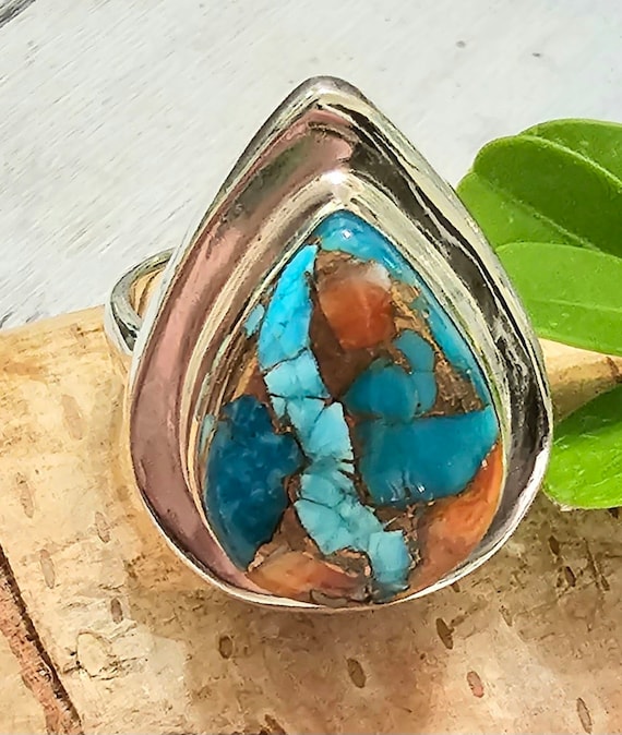 Spiny Oyster Turquoise Sterling Silver Ring With Copper Size