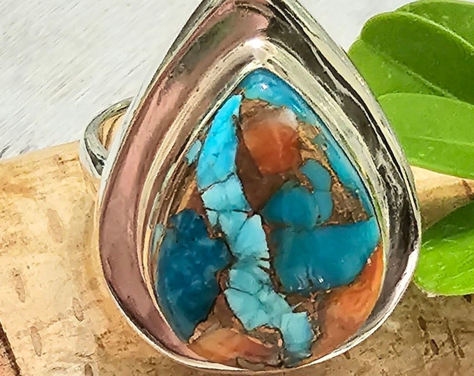 Spiny Oyster Turquoise Ring with Copper, Spiny Oyster Turquoise .925 Sterling Silver Ring, Size 5.5 Spiny Oyster Turquoise Ring.