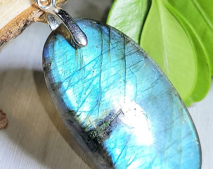 Natural Top Grade Blue Flash Labradorite Oval Cabochon .925 Sterling Silver Pendant 1 5/8" x 11/16" LB15