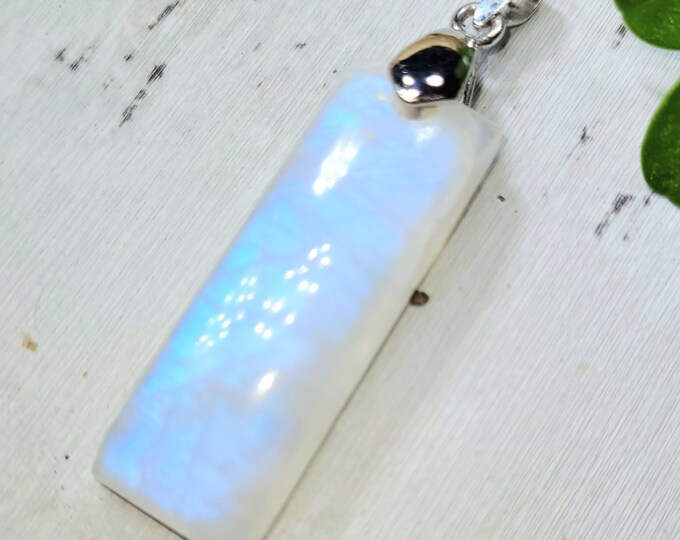 Moonstone Pendant, Rainbow Moonstone Rectangle Cabochon Sterling Silver Pendant, Full Blue Flash, Gift for Her, Handmade Pendant, DN14