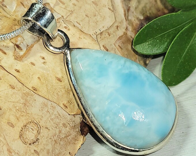Natural AA Grade Dominican Larimar Handmade .925 Sterling Silver Pendant 1 1/2" x 3/4" 6 grams AB44