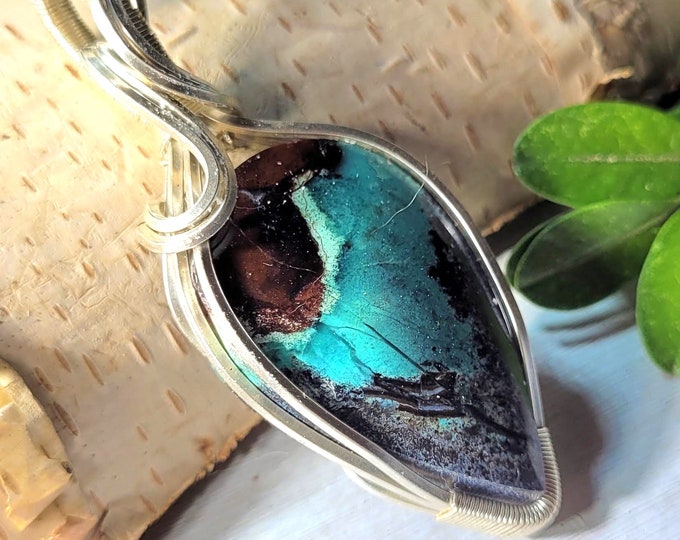Petrified Wood Blue Opal Stone Pendant, Blue Opal wire wrapped .925 Silver Pendant, Sterling Silver Wire Wrapped pendants, Handmade Jewelry
