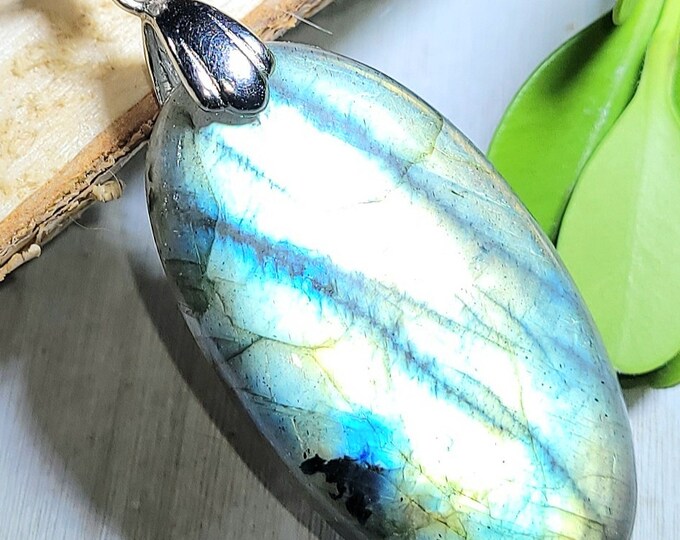 Natural Top Choice Multi Flash Labradorite Oval Cabochon .925 Sterling Silver Pendant 2" x 7/8" LB11