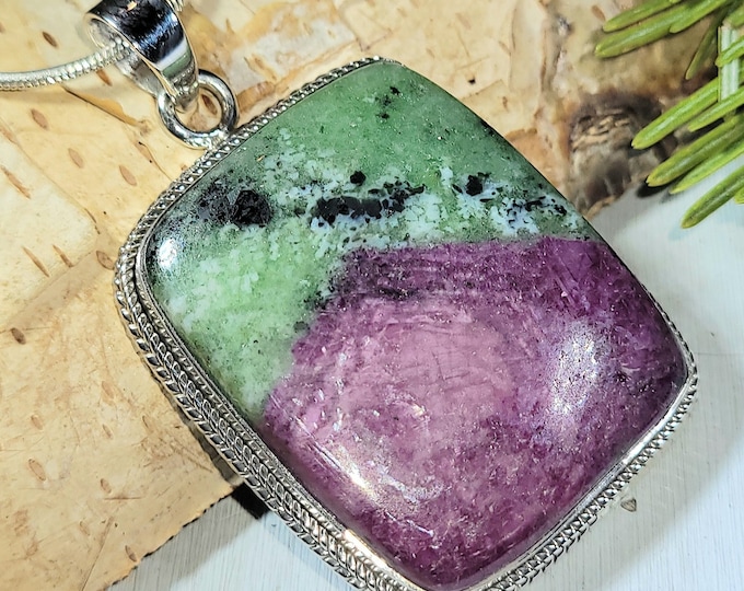 Natural High Grade Ruby Zoisite Rectangle Handmade .925 Sterling Silver Pendant 2" x 1 3/16" 20 Grams AL43