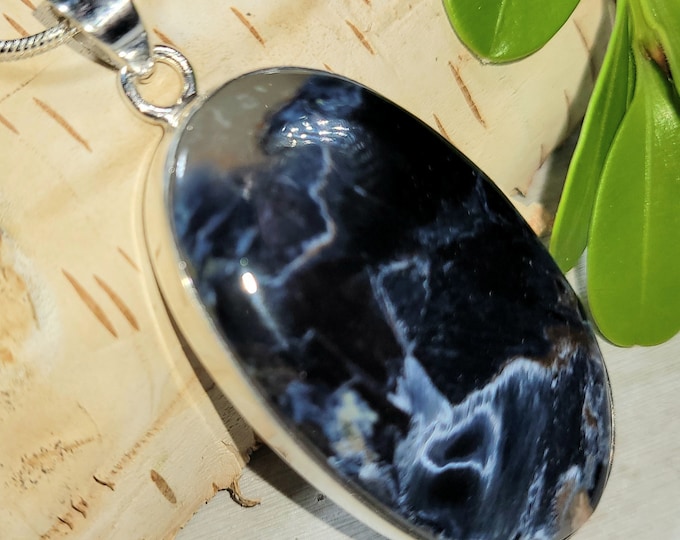 Natural High Grade Namibia Blue Marble Pietersite .925 Sterling Silver Pendant 1 7/8" x 7/8" 10 Grams EJ06