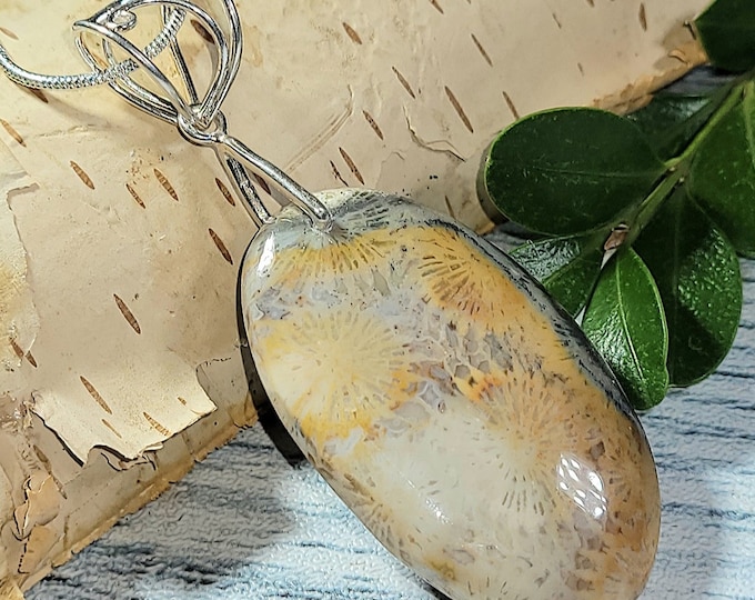 Natural AAA Fossil Coral Oval Cabochon .925 Sterling Silver Pendant 50ct 13 Grams 2 1/2" x 1" AK09 Heavy Duty Designer Sterling Silver Bail