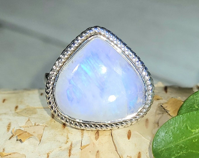 Natural Blue Flash Moonstone Pear .925 Sterling Silver Ring Size 6.5 6 Grams 3/4" x 3/4" EX38