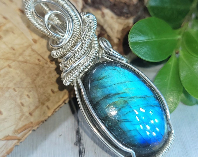 Natural AAA Grade Blue Labradorite Hand Wrapped .925 Sterling Silver Pendant 2" x  3/4" 11 Grams CP25 Handmade Wrapped Solid Sterling Silver