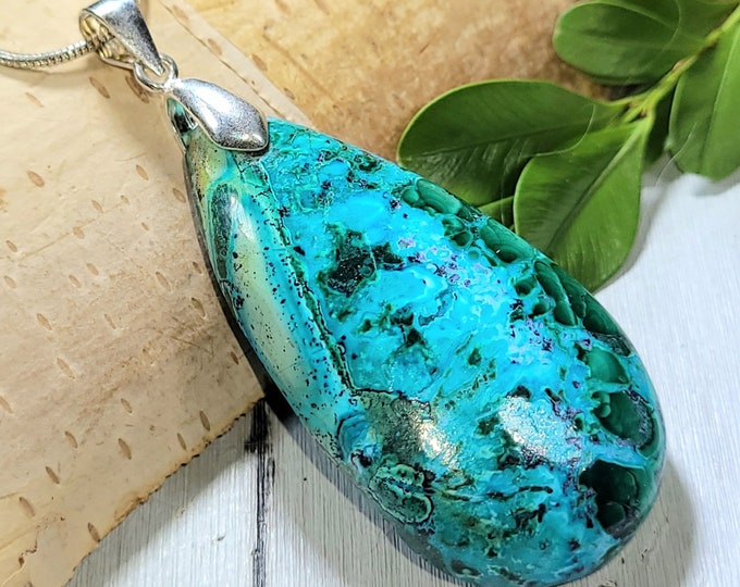 Natural Premium Grade Chrysocolla Malachite Cabochon Handmade .925 Sterling Silver Pendant 2 3/8" x 1" CK04 Sterling Silver Heavy Duty Bail