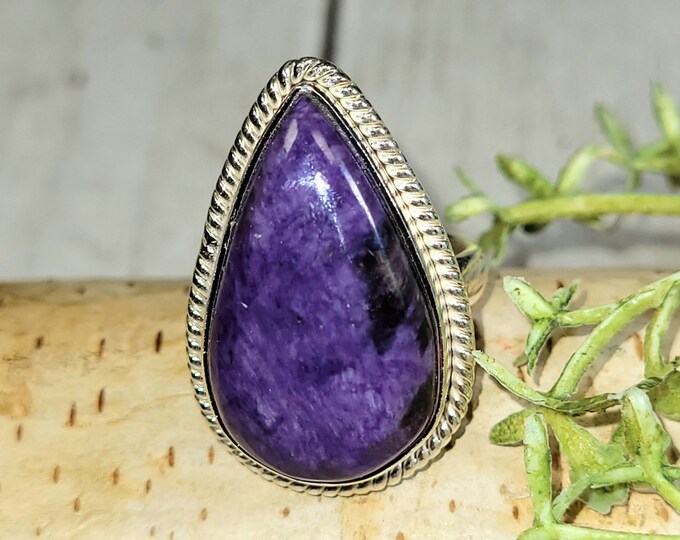 Charoite Ring, Charoite Sterling Silver Ring Size 7, Pear Charoite Ring, Statement Charoite Ring, Charoite Handmade Ring, Gift for her HG