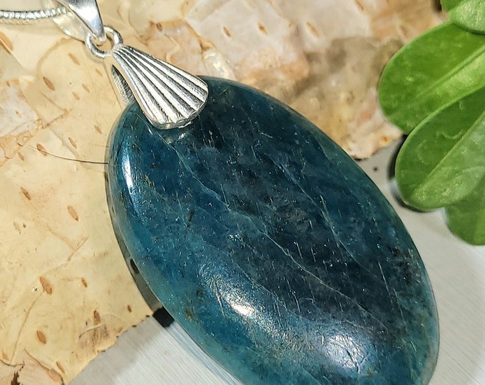 Natural High Quality Apatite Cabochon .925 Sterling Silver Pendant 2" x 7/8" EY04 Sterling Silver Heavy Duty Designer Bail