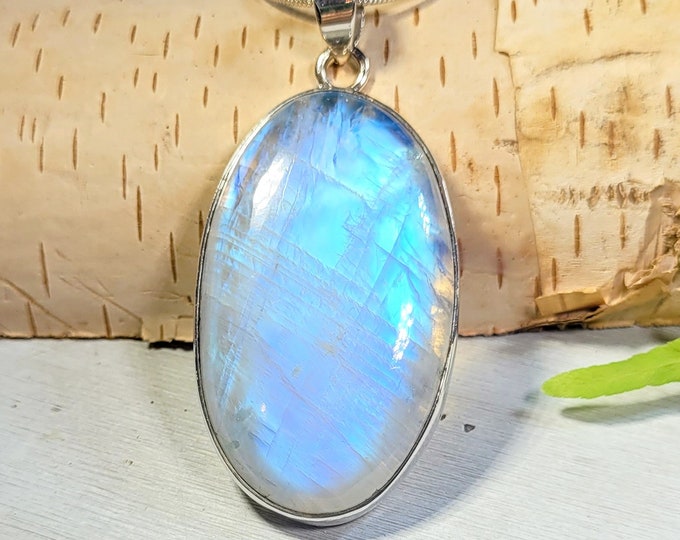 Natural AAA Grade Huge Blue Flash Rainbow Moonstone .925 Sterling Silver Pendant 2 1/4" x 1" 18 Grams AG62