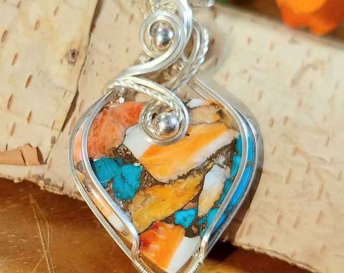 Spiny Oyster Sterling Silver Pendant: Wire Wrapped Heart Jewelry