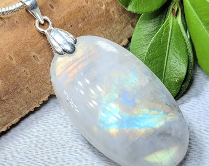 Moonstone Pendant, Multi Flash Moonstone Oval Cabochon Sterling Silver Pendant, Gift for Her, Handmade Pendant, FJ19