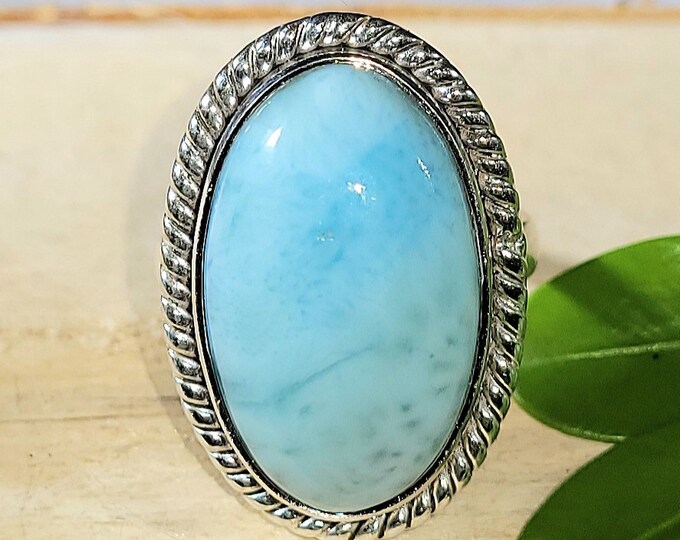 Natural Dominican Larimar .925 Sterling Silver Ring Size 6.5 8 Grams Face Measures 1" x 11/16" EK39