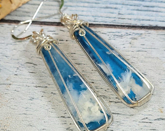 Handmade White Plume Agate Sterling Silver Wire Wrapped Earrings