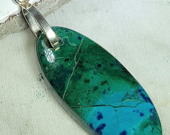 Natural AA Chrysocolla w/Azurite Oval Cabochon .925 Sterling Silver Pendant  2 1/2" x 3/4" EC12  Heavy Duty Designer Sterling Silver Bail