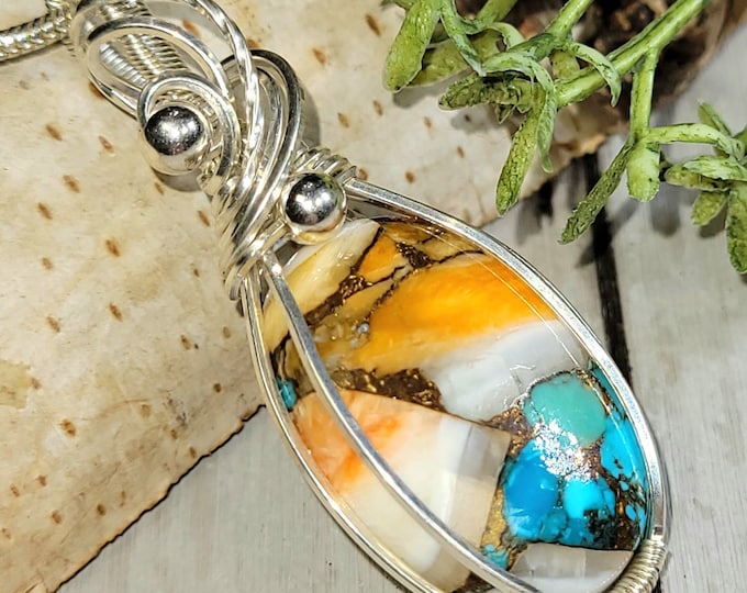 Spiny Copper Oyster Turquoise Sterling Silver Pendant: Handmade Wire Wrapped Jewelry