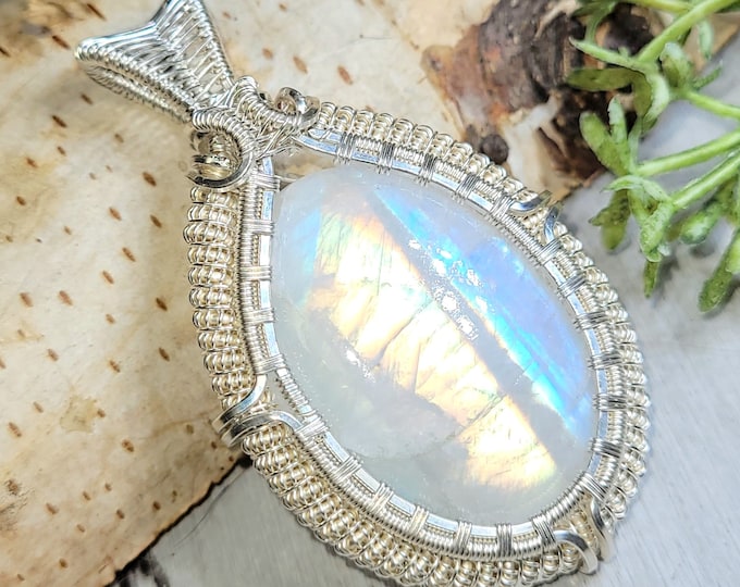 Handmade Rainbow Moonstone Pendant: Wire Wrapped Sterling Silver