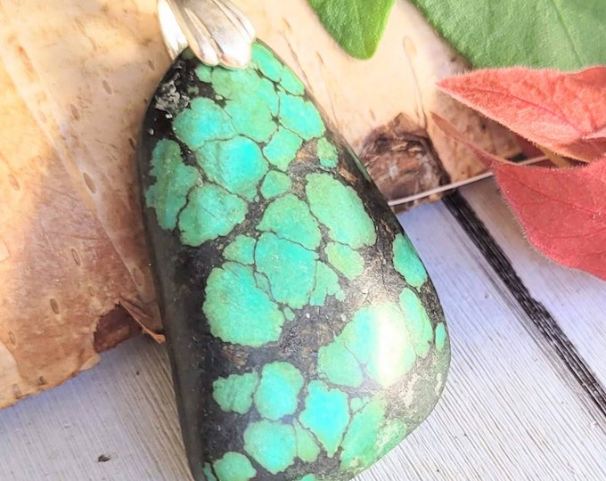 Natural AAA Spiderweb Turquoise Freeform Handmade Cabochon .925 Sterling Silver Pendant 1 7/8" x 7/8" CW74 Rhodium Sterling Silver Bail
