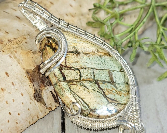 Picture Jasper Pendant, Picture Jasper Wire Wrapped Sterling Silver Pendant, Hand Wire Wrapped Pendant, Gift for Her, Designer Pendant, HG29