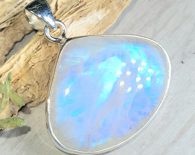Moonstone Pendant, Rainbow Moonstone Pear Cabochon Sterling Silver Pendant, Multi Color Flash, Gift for Her, Handmade Pendant, GE03