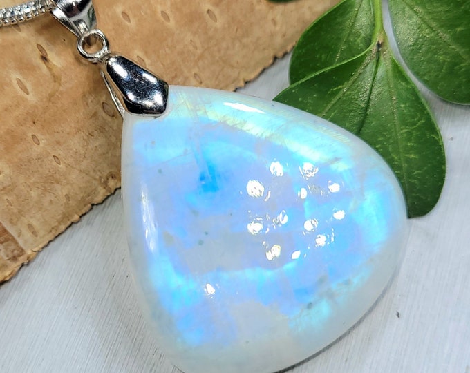 Moonstone Pendant, Rainbow Moonstone Pear Cabochon Sterling Silver Pendant, Blue Color Flash, Gift for Her, Handmade Pendant, FF12