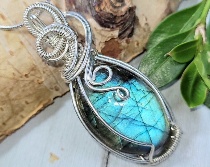 Natural Premium Blue Labradorite Hand Wrapped .925 Sterling Silver Pendant 2" x 7/8" 9 Grams CR07 Handmade Wrapped Solid Sterling Silver