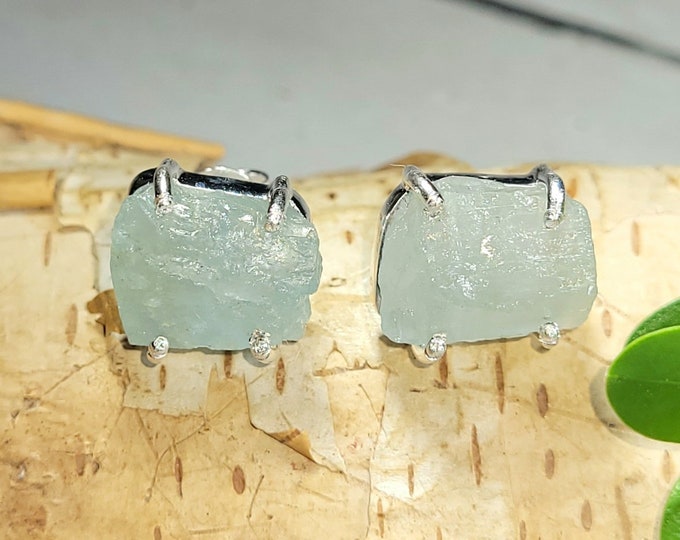 Natural Raw Rough Cut Aquamarine Handmade .925 Sterling Silver Stud Earrings 1/2" x 7/16" 5 Grams Friction Back Stops CE30