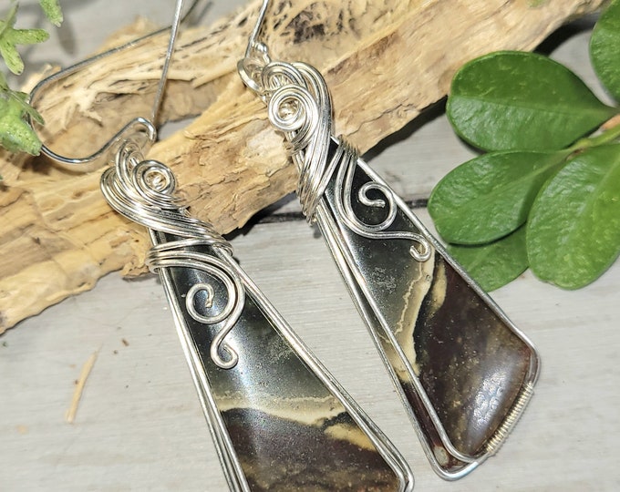 Natural Polychrome Jasper Pear Wire Wrapped Silver Earrings, Sterling Silver Wire Wrapped Earrings, Handmade Stone Jewelry GE15