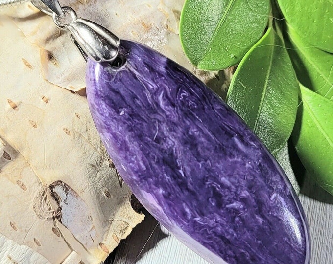 Natural AAA Charoite Oval Cabochon .925 Sterling Silver Pendant  2" x 5/8" EP28 Sterling Silver Rhodium Plated Bail