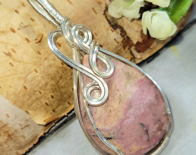 Natural Top Grade Rhodonite Jasper Hand Wrapped .925 Sterling Silver Pendant 2 1/2" x  1" DB31 Handmade Wrapped Solid Sterling Silver