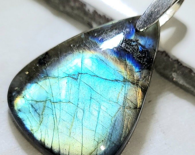 Natural High Grade Multi Flash Labradorite Pear Cabochon  .925 Sterling Silver Pendant 1 7/8" x 1 1/8" ED34