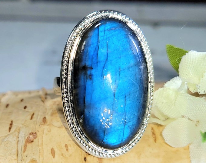 Labradorite Ring. Blue Labradorite Sterling Silver Ring Size 8.5 Handmade Ring, Statement Ring, Gift for Her DL