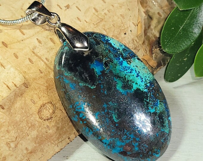 Natural High Grade Azurite Oval Cabochon .925 Sterling Silver Pendant 2" x 15/16" CE02 Sterling Silver Heavy Duty Bail