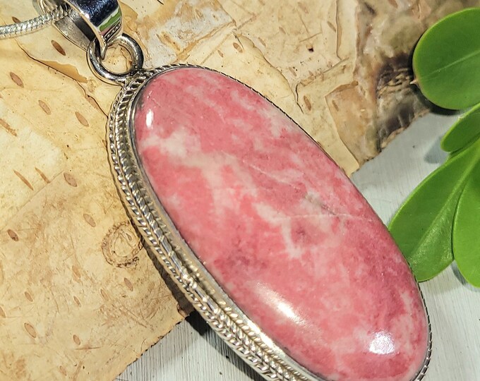 Natural Top Grade Pink Thulite Handmade Oval .925 Sterling Silver Pendant 2" x 7/8" 13 Grams AN19